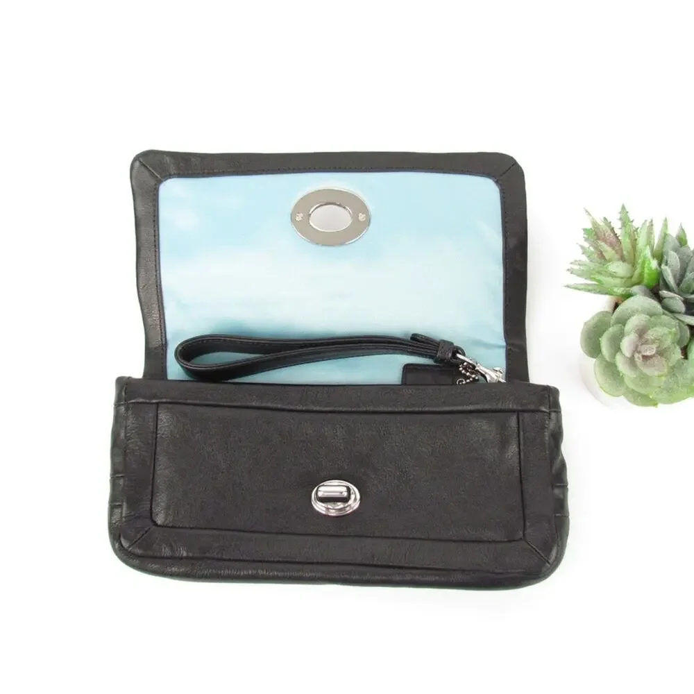 Coach Black Leather Clutch W/ Black Wrist Strap